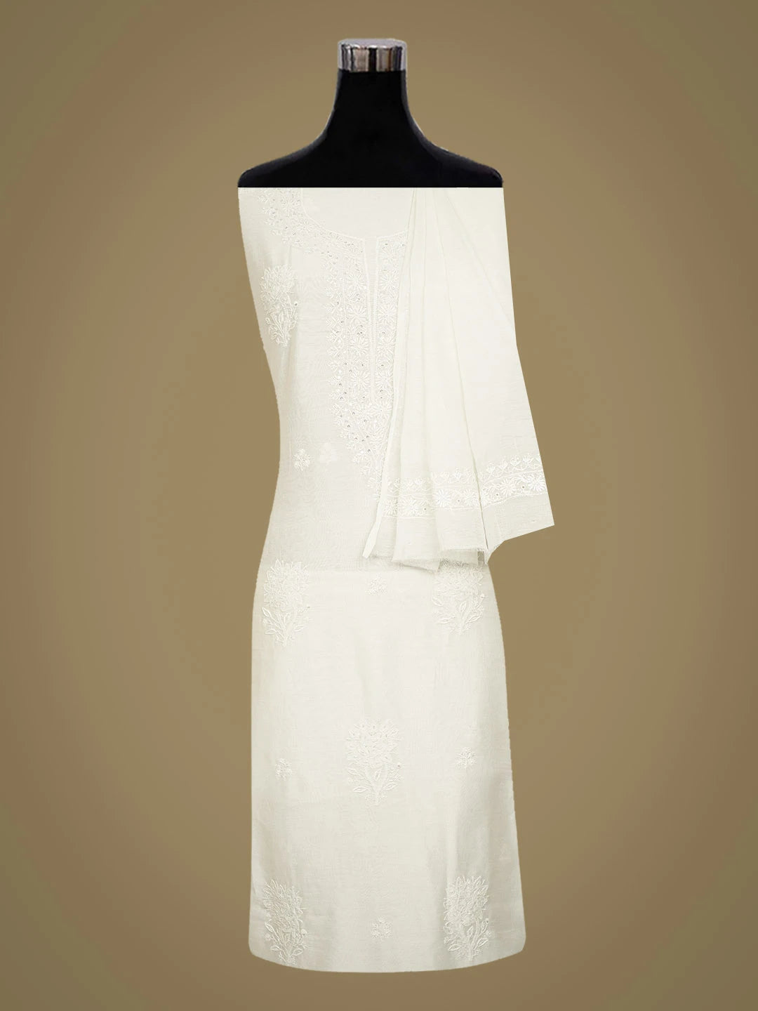 Ada Hand Embroidered Smoke White Chanderi Lucknowi Chikankari Unstitched Kurta Dupatta Set With Cutdana Work 01A737554