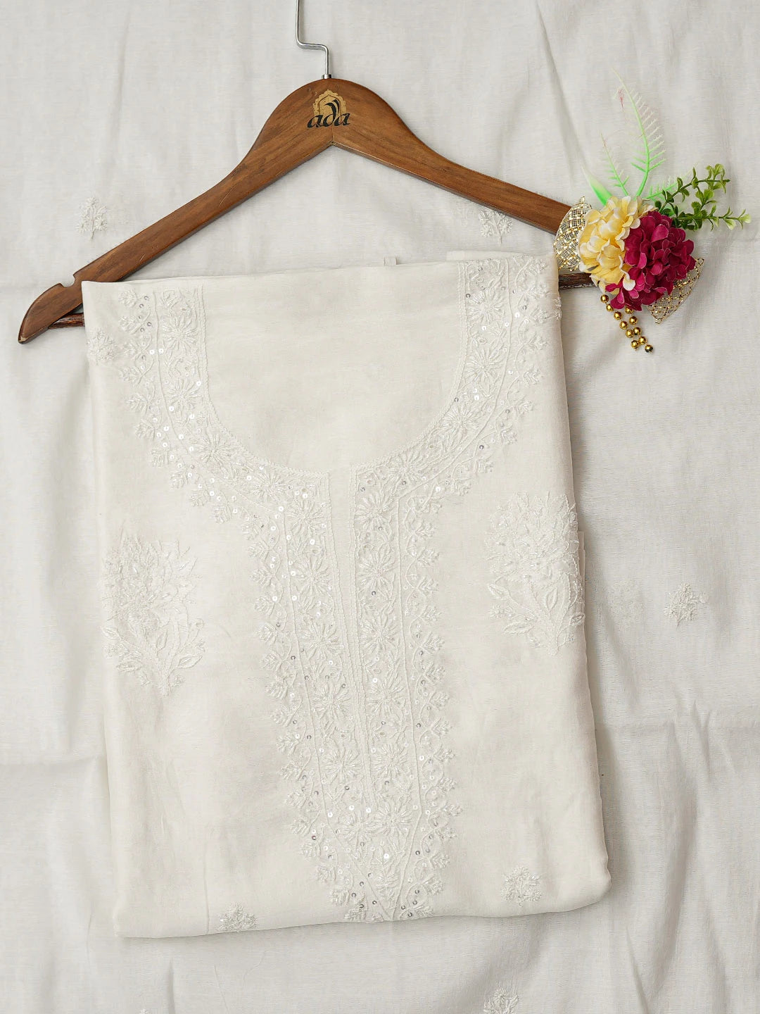 Ada Hand Embroidered Smoke White Chanderi Lucknowi Chikankari Unstitched Kurta Dupatta Set With Cutdana Work 01A737554