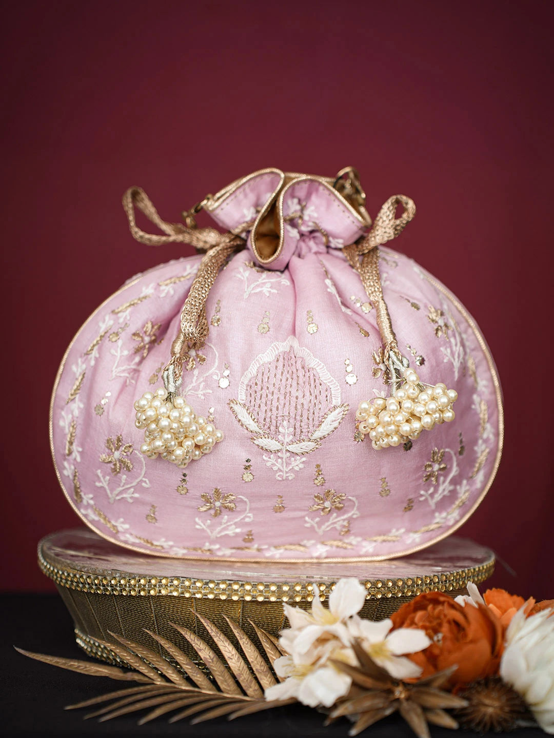 Ada Hand Embroidered Pink Silk Lucknowi Chikankari Potli Bag With Muqaish Work 01A689029