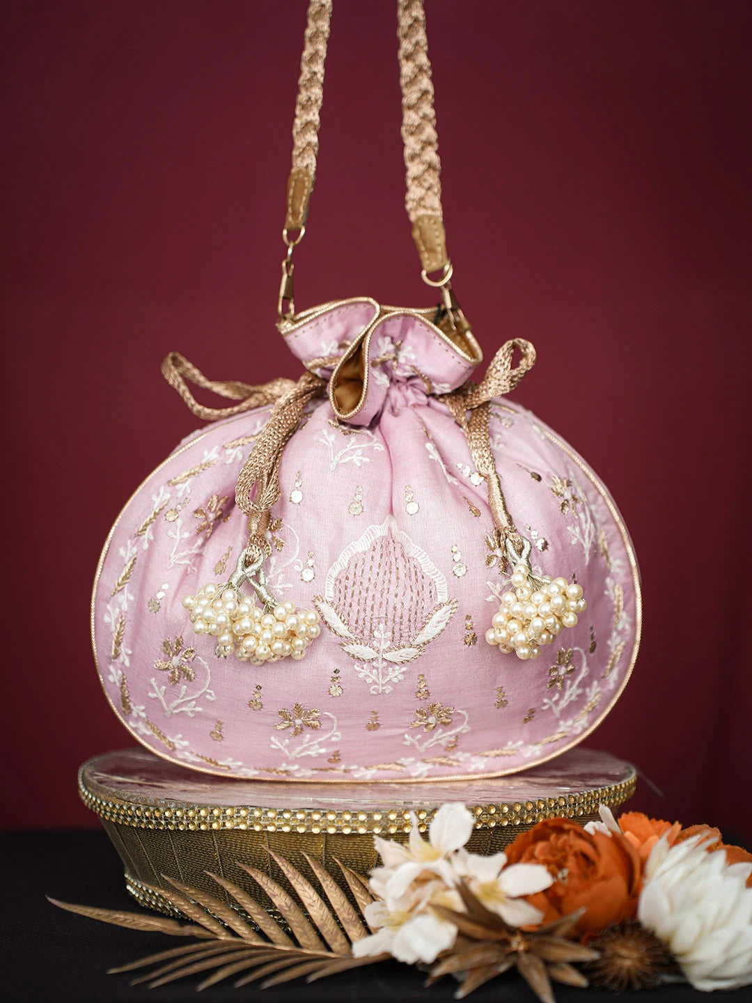 Ada Hand Embroidered Pink Silk Lucknowi Chikankari Potli Bag With Muqaish Work 01A689029