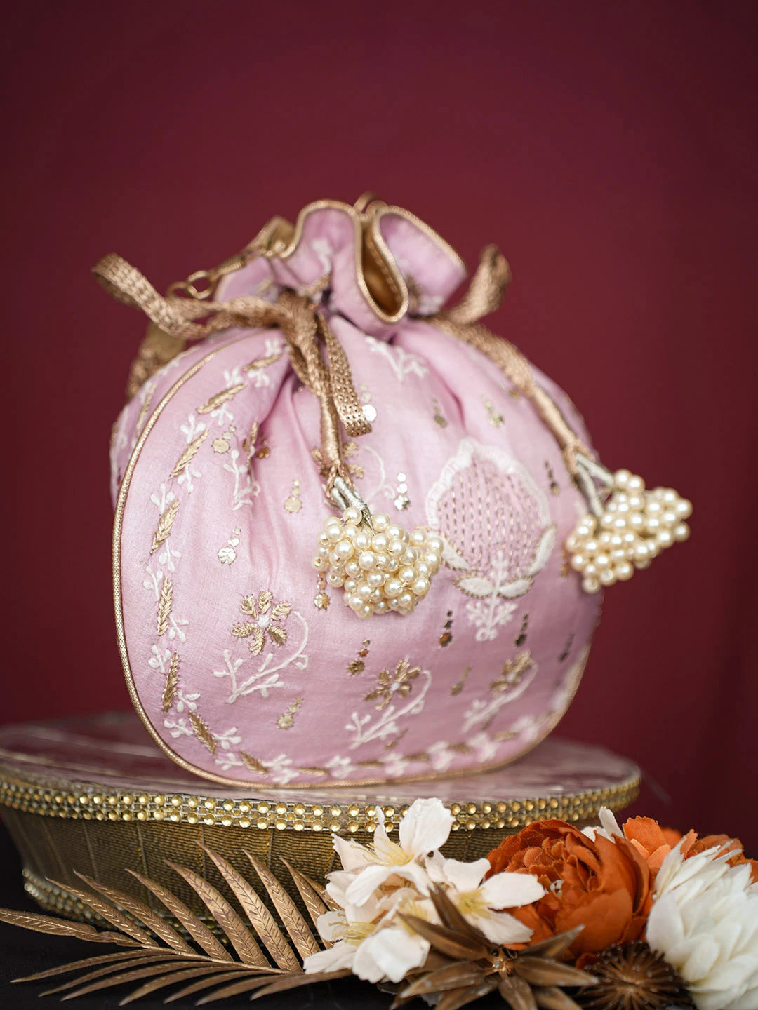 Ada Hand Embroidered Pink Silk Lucknowi Chikankari Potli Bag With Muqaish Work 01A689029