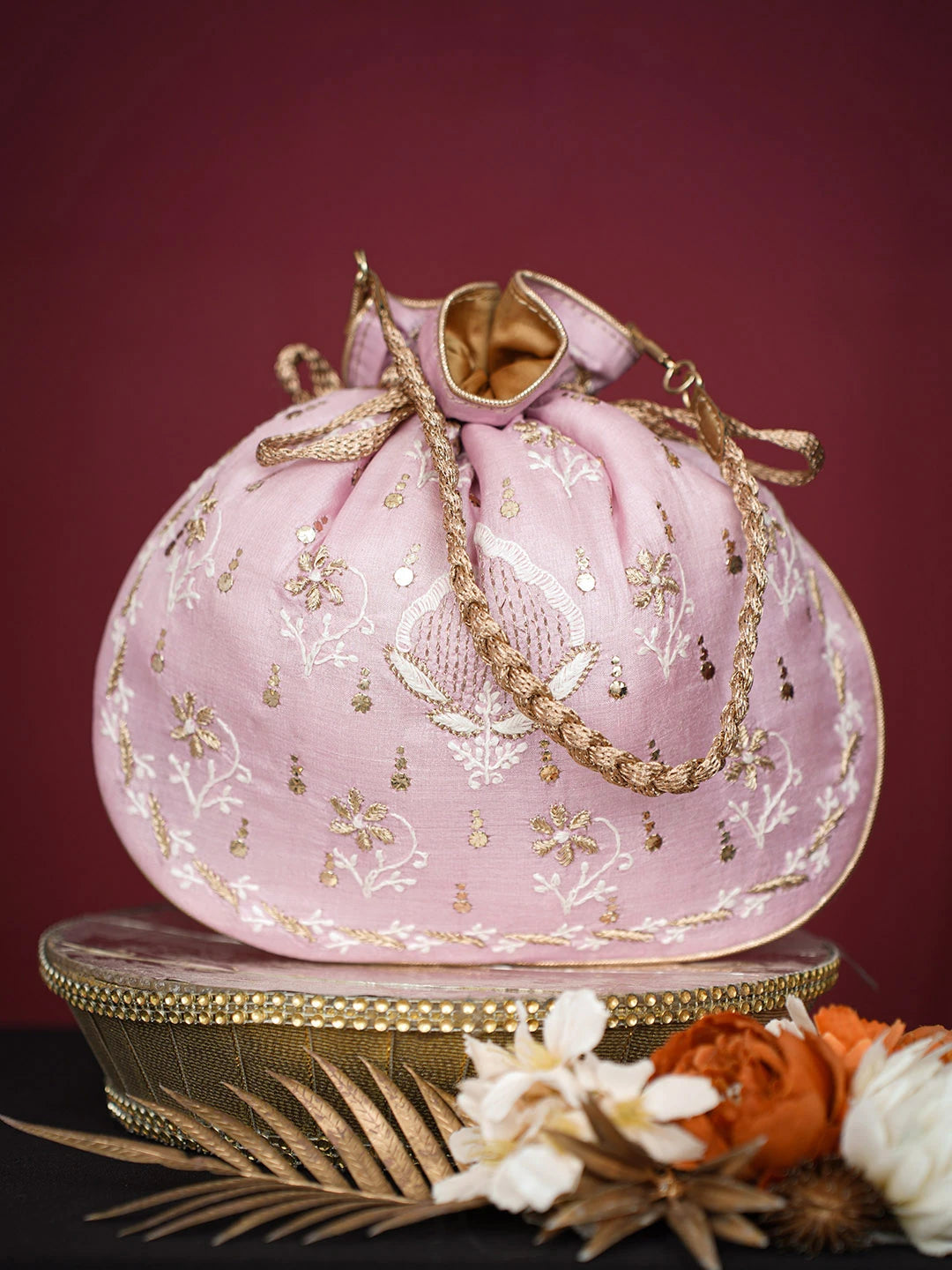 Ada Hand Embroidered Pink Silk Lucknowi Chikankari Potli Bag With Muqaish Work 01A689029