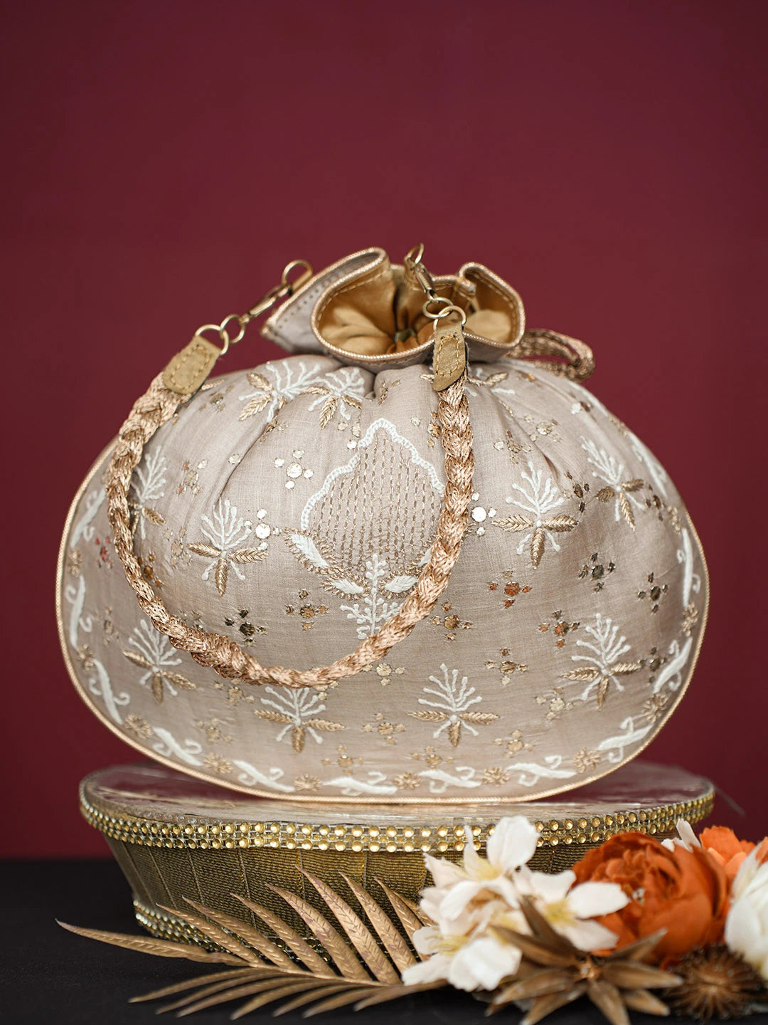 Ada Hand Embroidered Fawn Silk Lucknowi Chikankari Potli Bag With Muqaish Work 01A738575
