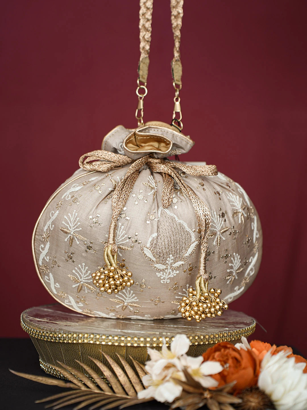 Ada Hand Embroidered Fawn Silk Lucknowi Chikankari Potli Bag With Muqaish Work 01A738575