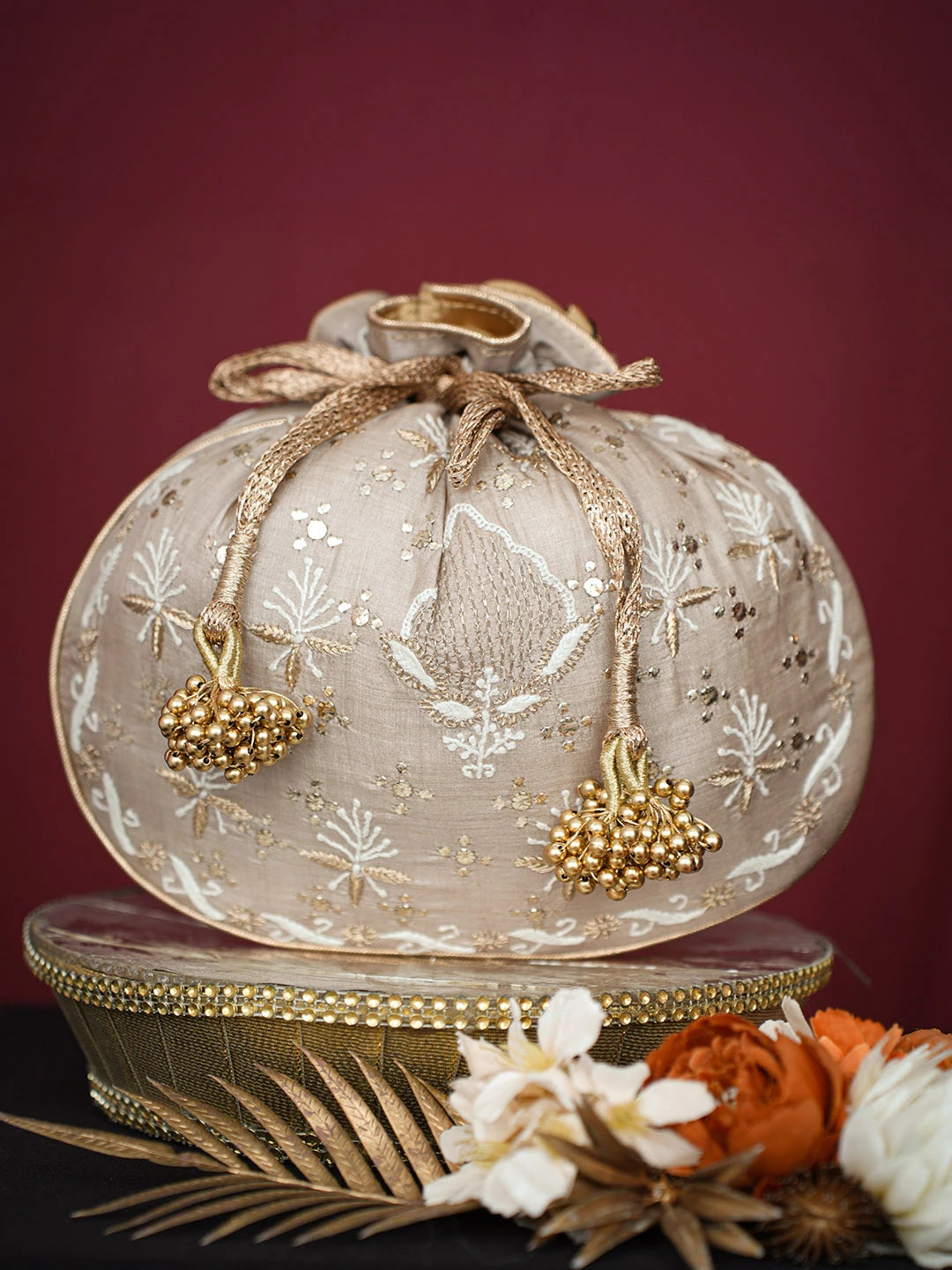 Ada Hand Embroidered Fawn Silk Lucknowi Chikankari Potli Bag With Muqaish Work 01A738575