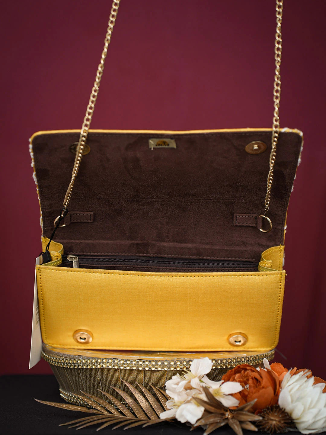 Ada Hand Embroidered Yellow Silk Lucknowi Chikankari Potli Bag With Zari Work 01A729725