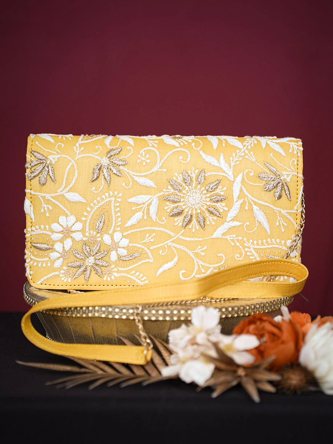 Ada Hand Embroidered Yellow Silk Lucknowi Chikankari Potli Bag With Zari Work 01A729725
