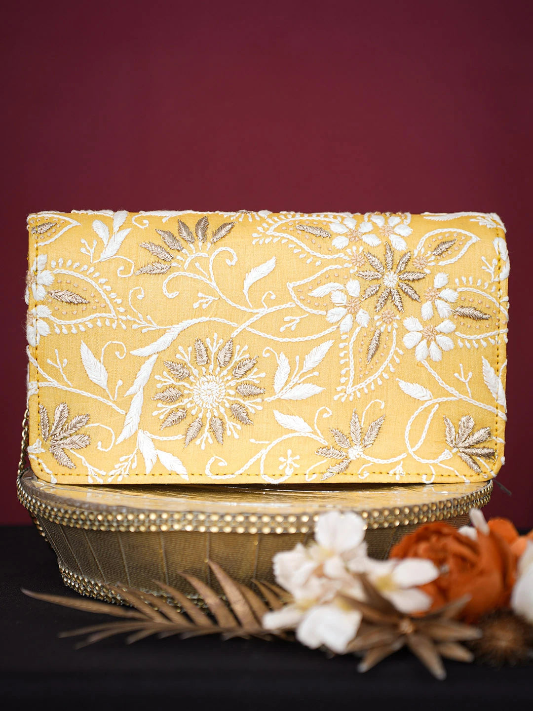 Ada Hand Embroidered Yellow Silk Lucknowi Chikankari Potli Bag With Zari Work 01A729725