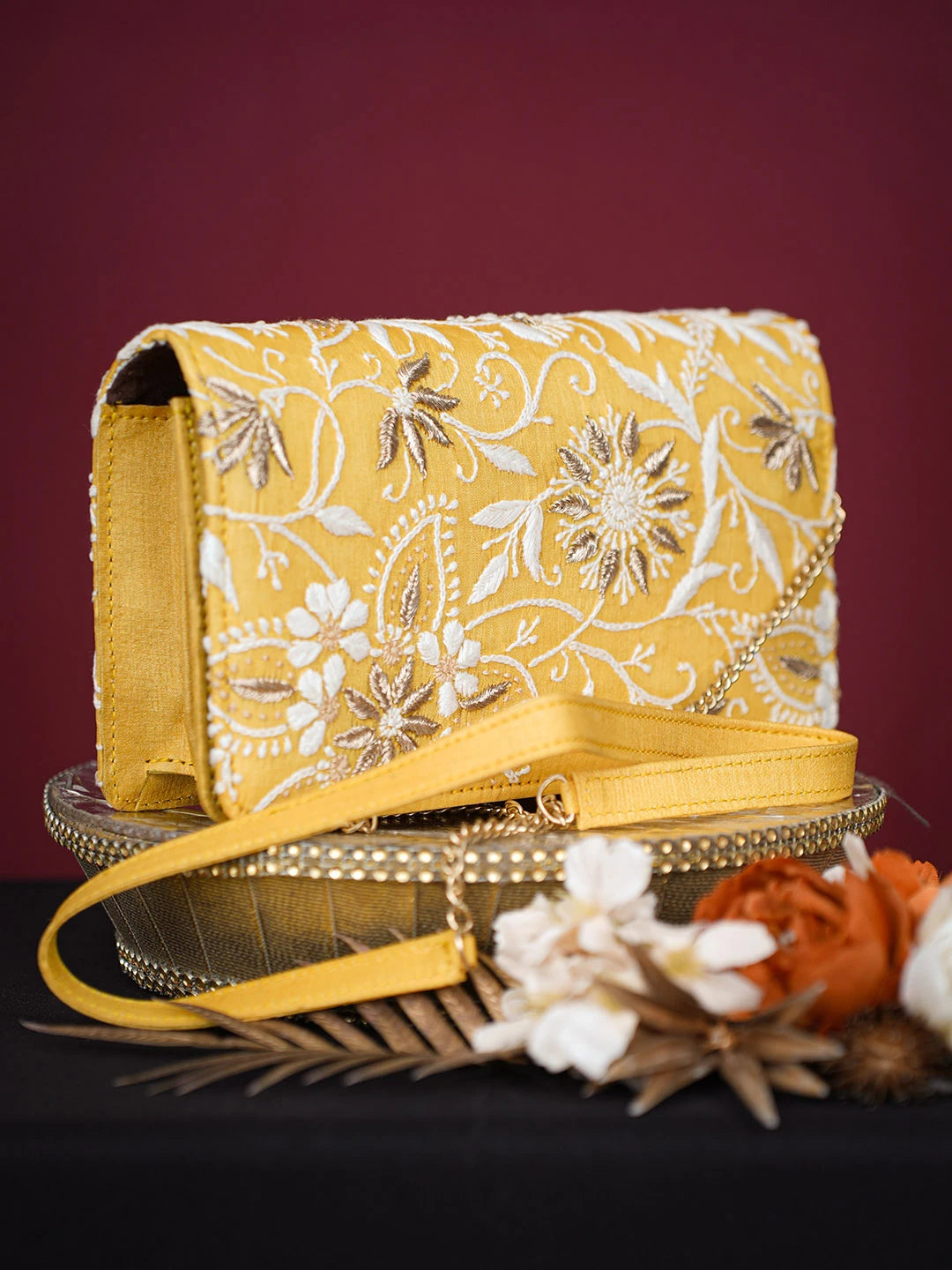 Ada Hand Embroidered Yellow Silk Lucknowi Chikankari Potli Bag With Zari Work 01A729725