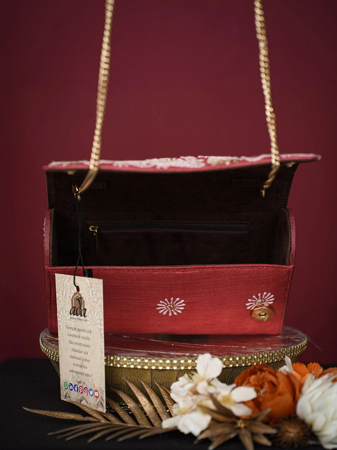 Ada Hand Embroidered Red Silk Lucknowi Chikankari Clutch With Zari Work 01A729639