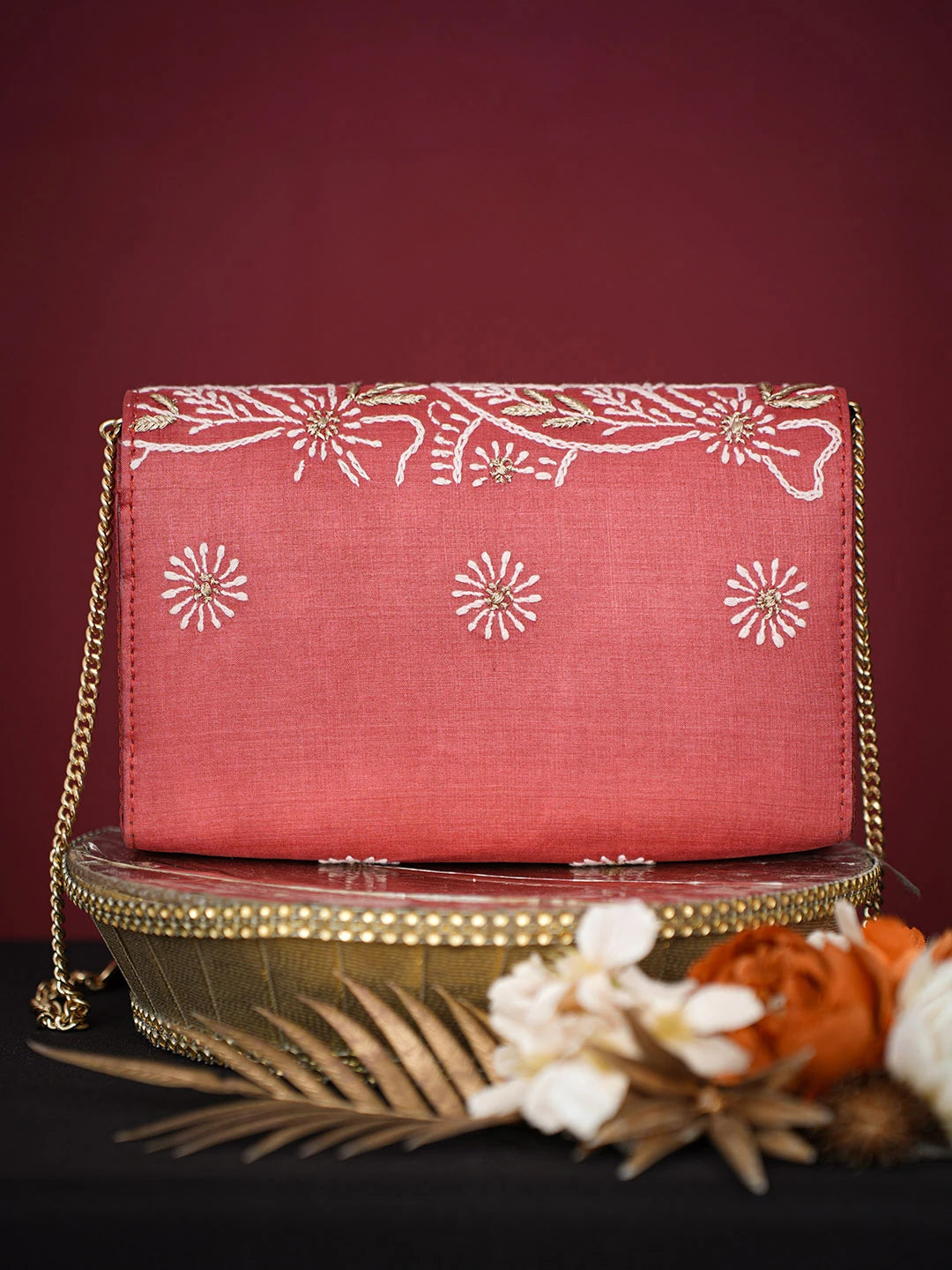 Ada Hand Embroidered Red Silk Lucknowi Chikankari Clutch With Zari Work 01A729639