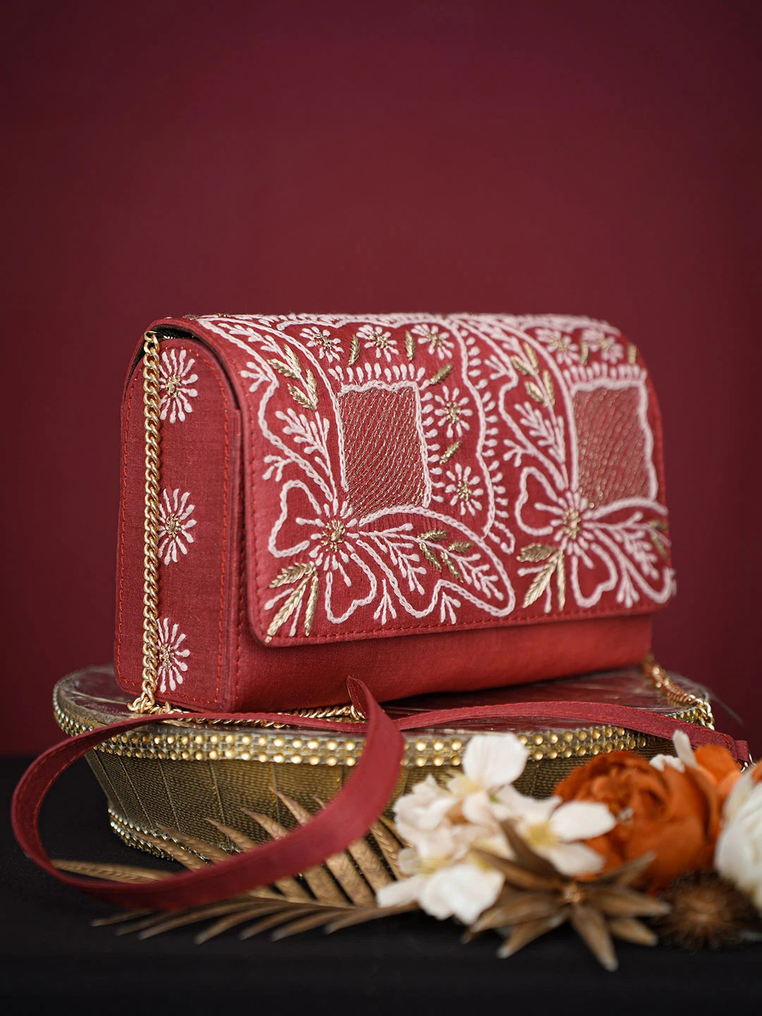 Ada Hand Embroidered Red Silk Lucknowi Chikankari Clutch With Zari Work 01A729639