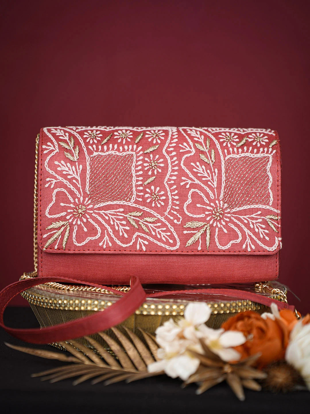 Ada Hand Embroidered Red Silk Lucknowi Chikankari Clutch With Zari Work 01A729639