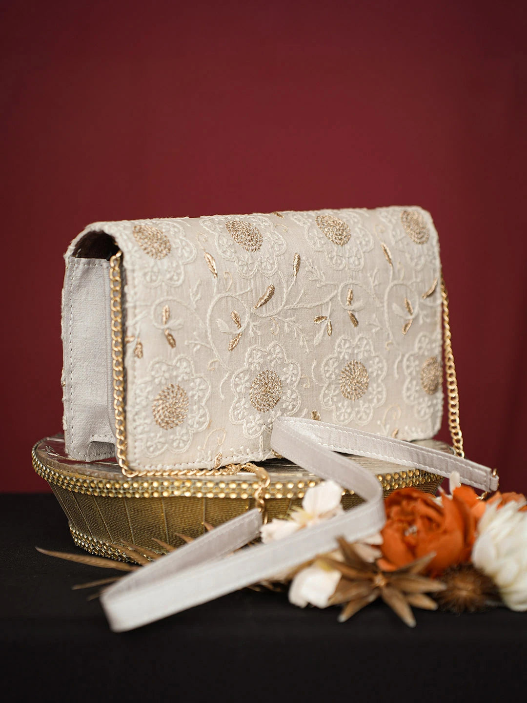 Ada Hand Embroidered Light Grey Silk Lucknowi Chikankari Potli Bag With Zari Work 01A738598