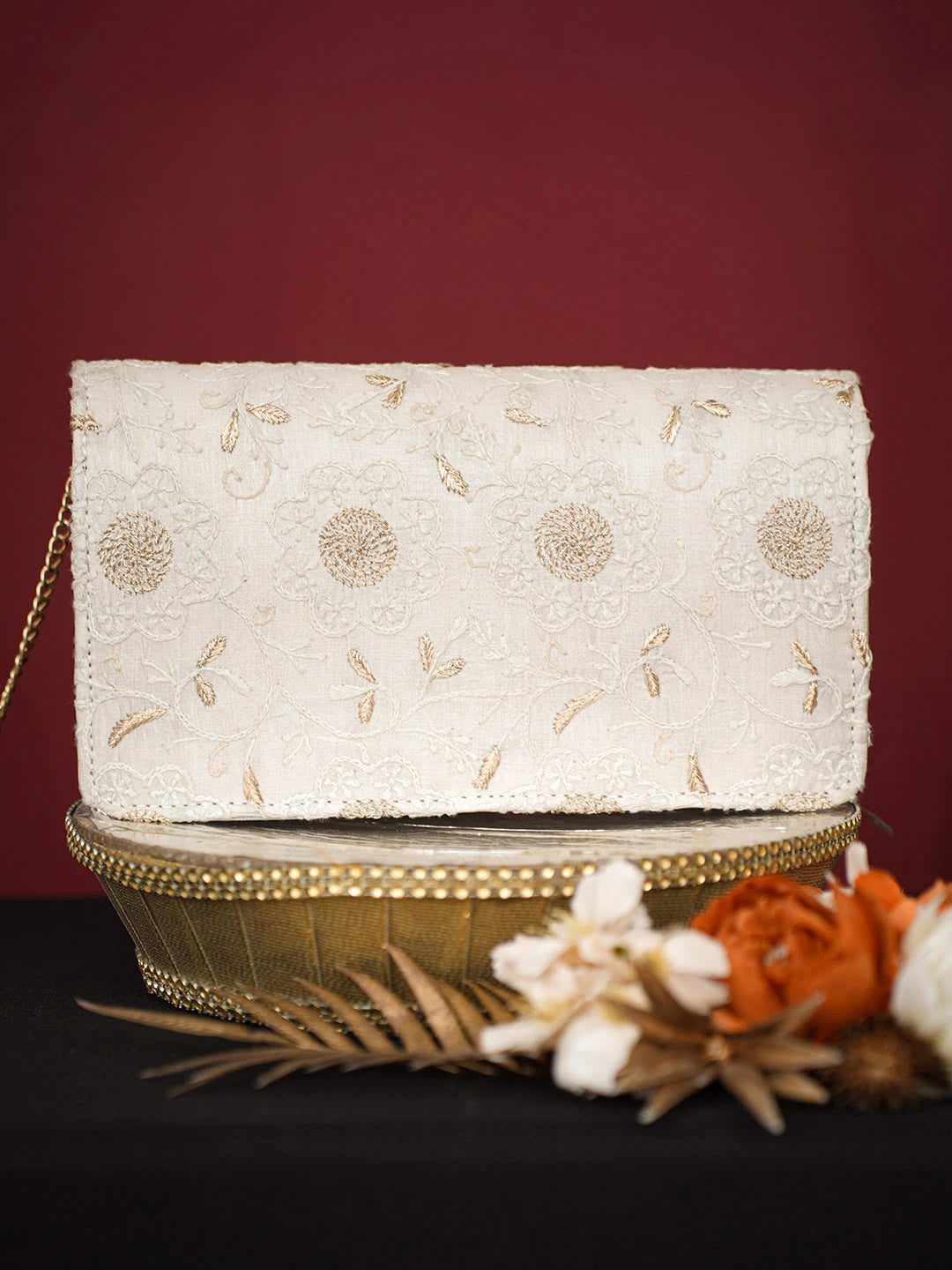 Ada Hand Embroidered Light Grey Silk Lucknowi Chikankari Potli Bag With Zari Work 01A738598