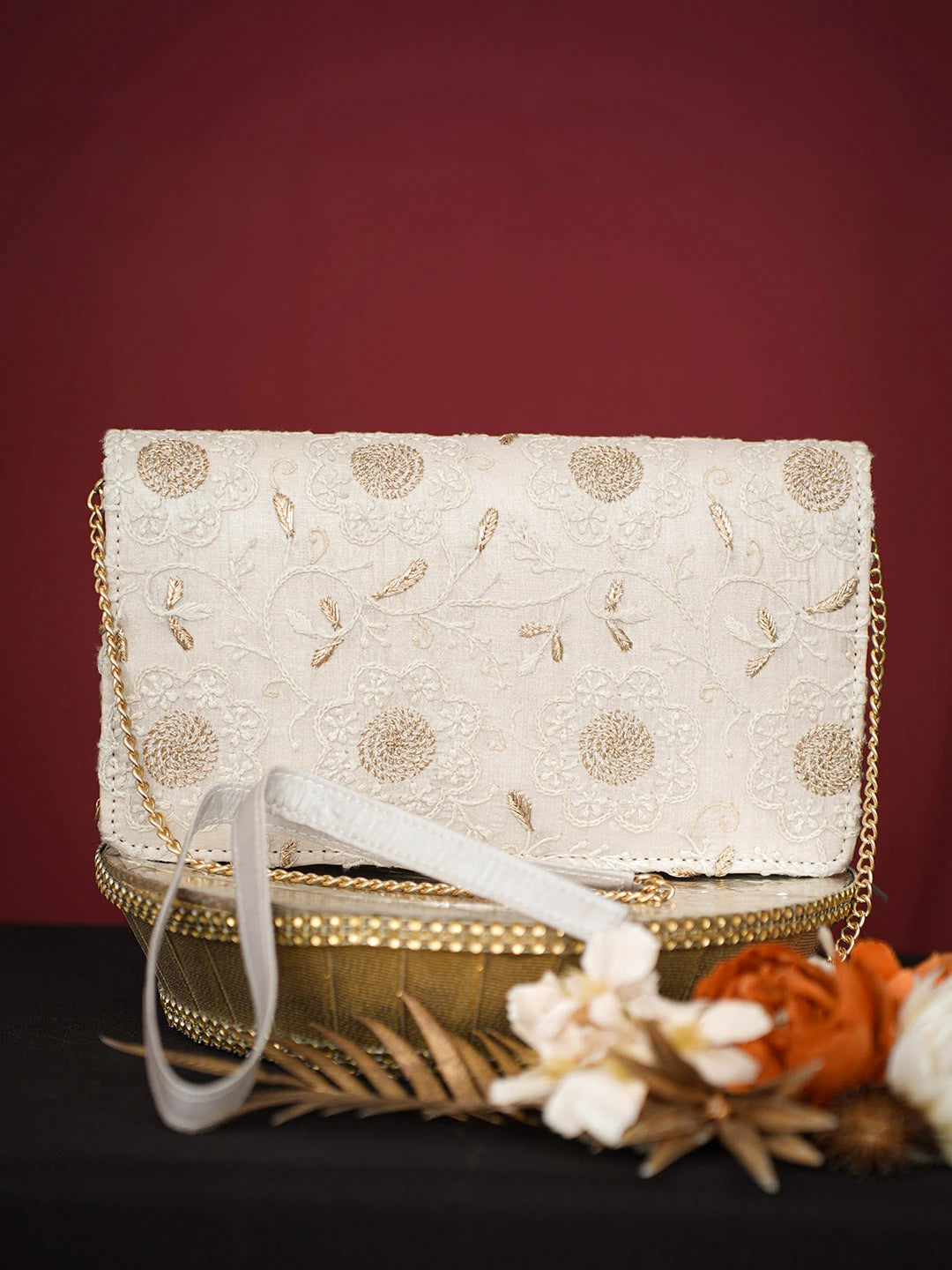 Ada Hand Embroidered Light Grey Silk Lucknowi Chikankari Potli Bag With Zari Work 01A738598