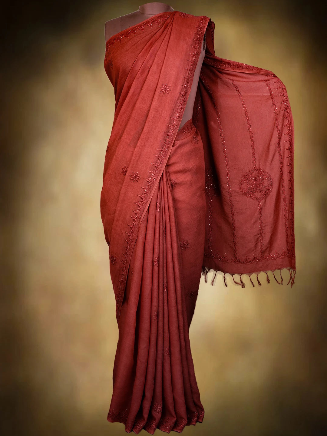 Ada Hand Embroidered Rust Silk Lucknowi Chikankari Saree and Blouse With Muqaish Work 01A355129