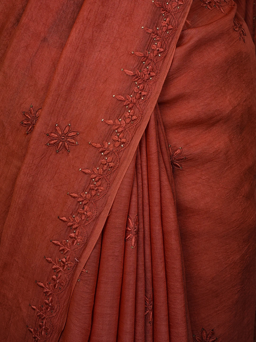 Ada Hand Embroidered Rust Silk Lucknowi Chikankari Saree and Blouse With Muqaish Work 01A355129