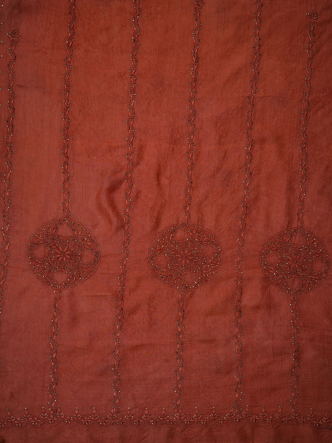 Ada Hand Embroidered Rust Silk Lucknowi Chikankari Saree and Blouse With Muqaish Work 01A355129