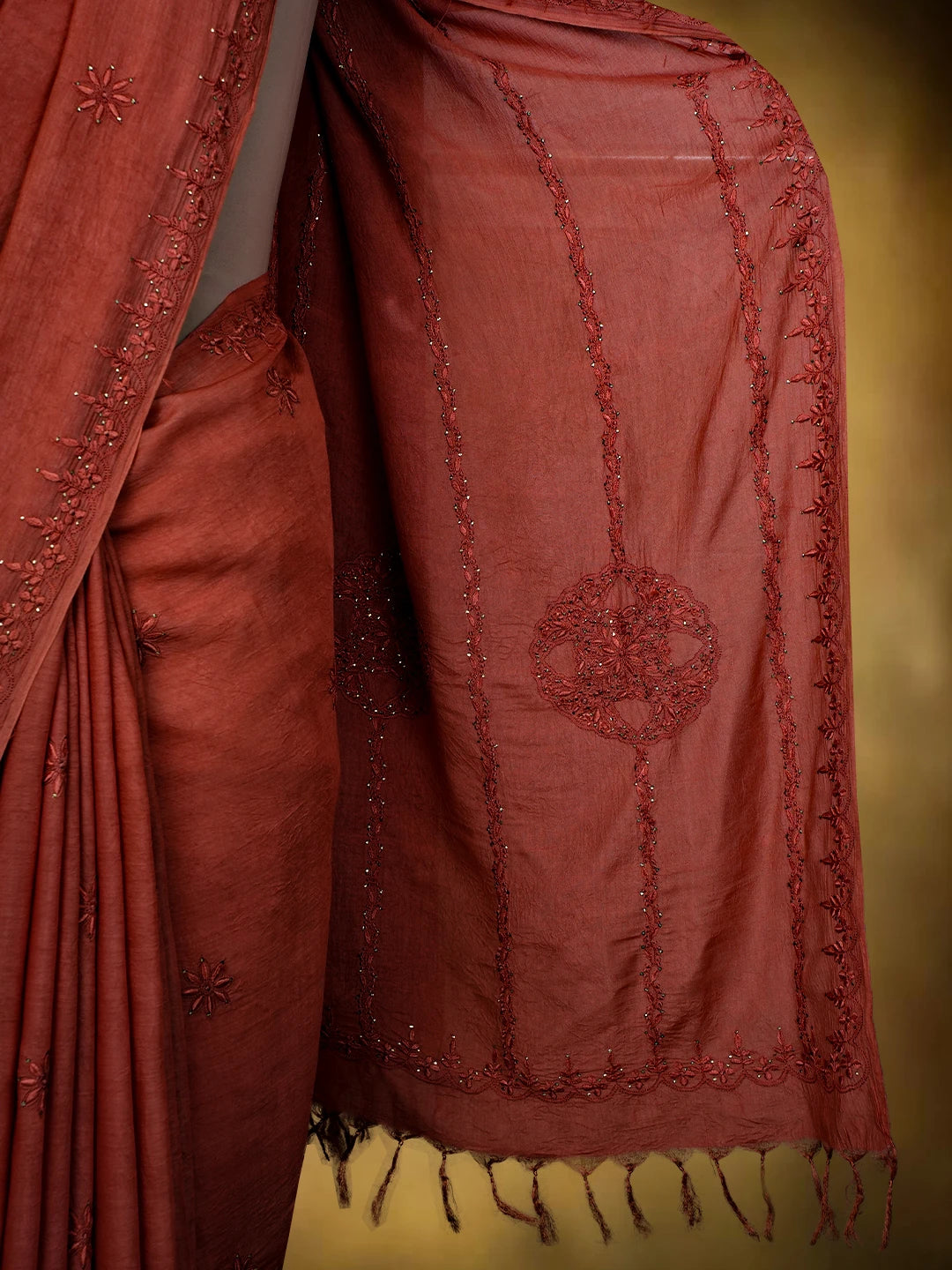 Ada Hand Embroidered Rust Silk Lucknowi Chikankari Saree and Blouse With Muqaish Work 01A355129