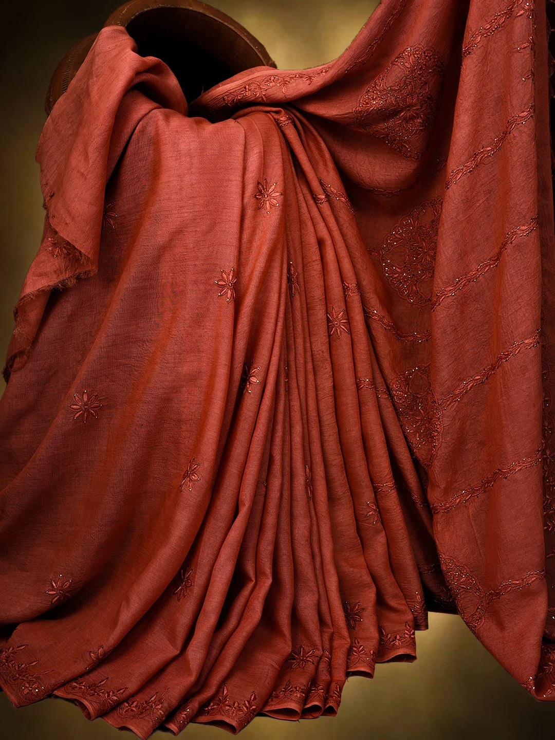 Ada Hand Embroidered Rust Silk Lucknowi Chikankari Saree and Blouse With Muqaish Work 01A355129