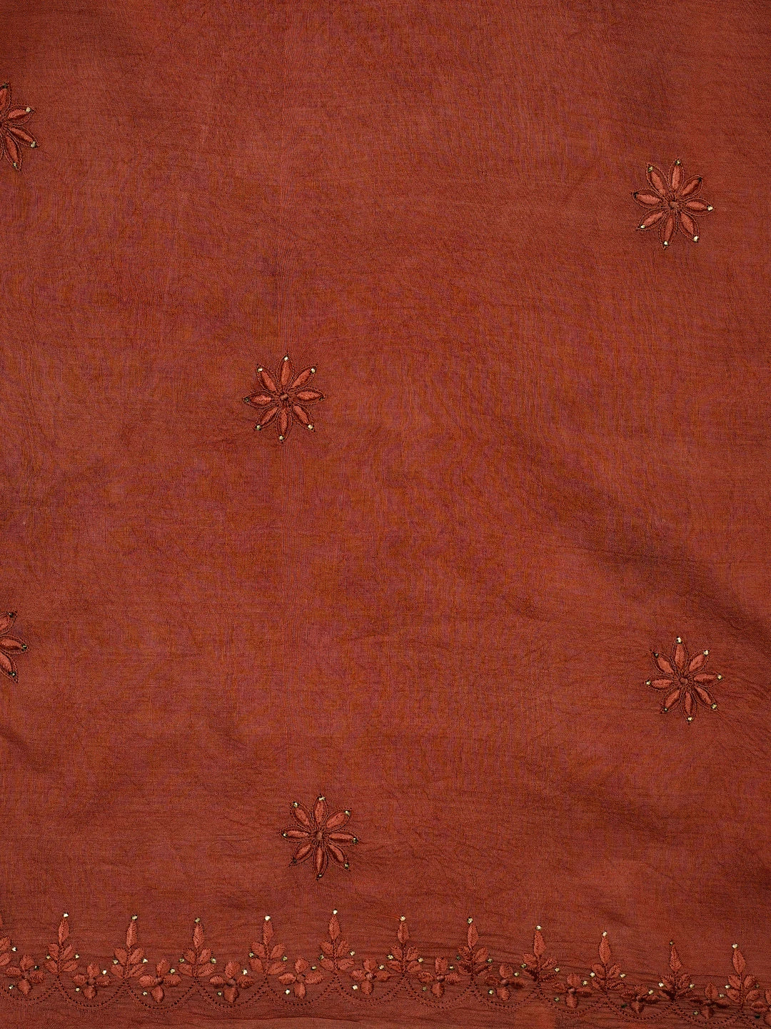 Ada Hand Embroidered Rust Silk Lucknowi Chikankari Saree and Blouse With Muqaish Work 01A355129