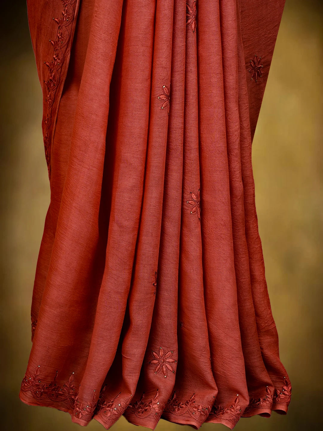 Ada Hand Embroidered Rust Silk Lucknowi Chikankari Saree and Blouse With Muqaish Work 01A355129