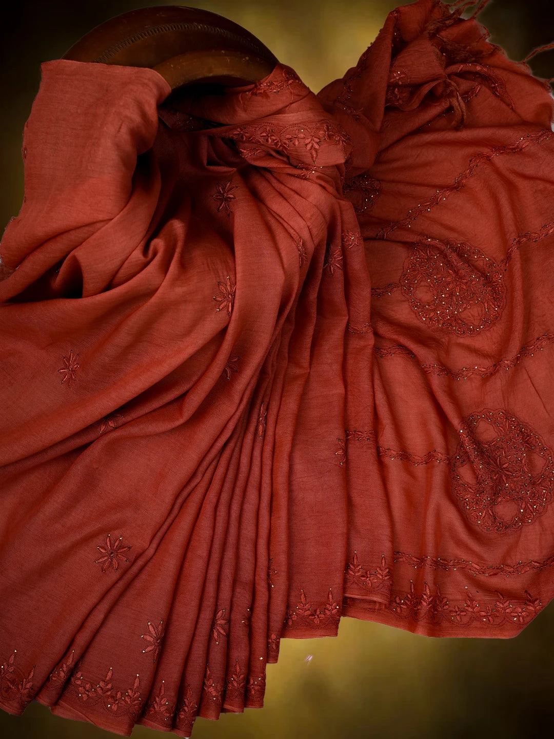 Ada Hand Embroidered Rust Silk Lucknowi Chikankari Saree and Blouse With Muqaish Work 01A355129
