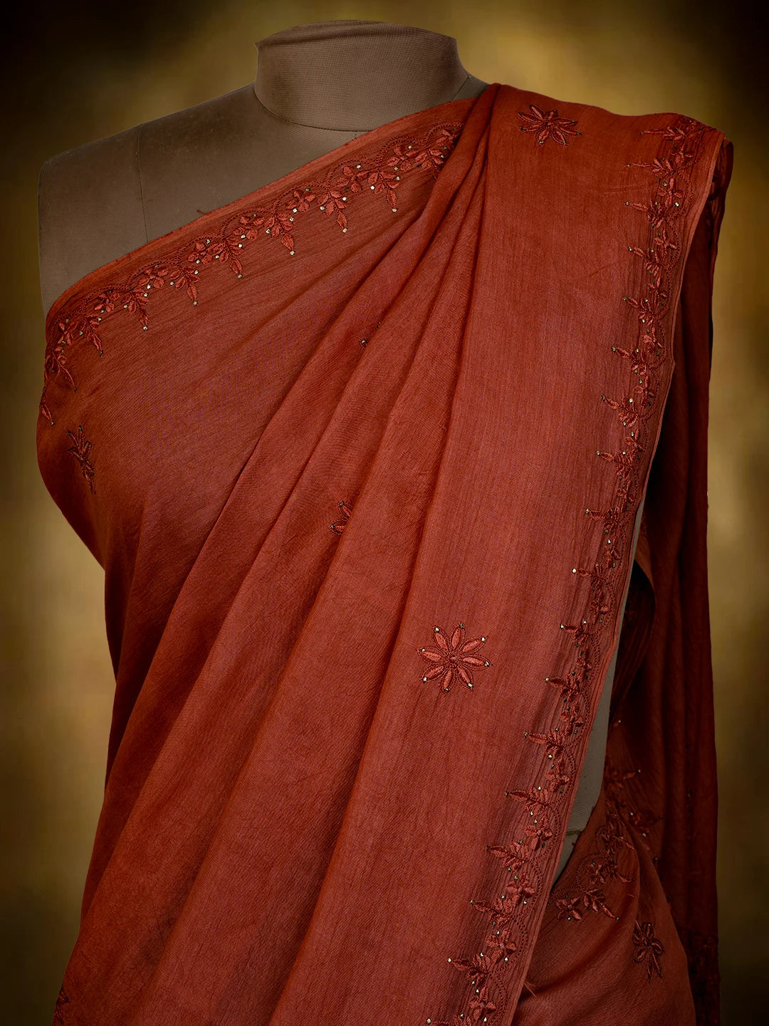 Ada Hand Embroidered Rust Silk Lucknowi Chikankari Saree and Blouse With Muqaish Work 01A355129