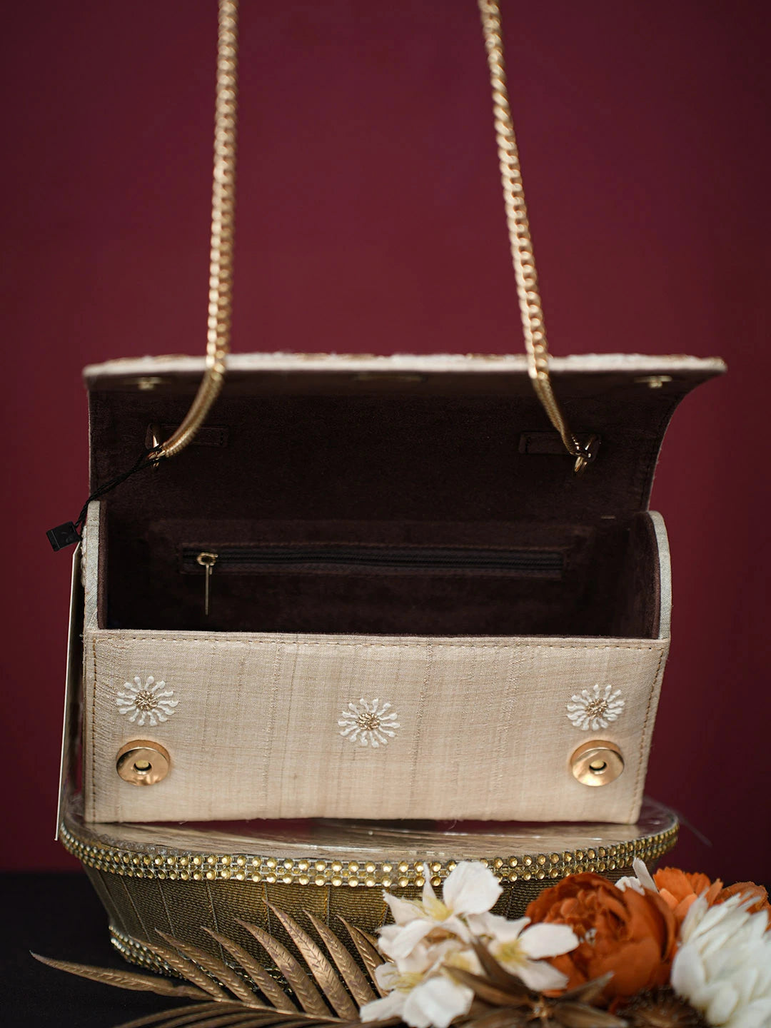 Ada Hand Embroidered Fawn Silk Lucknowi Chikankari Clutch With Zari Work 01A729637