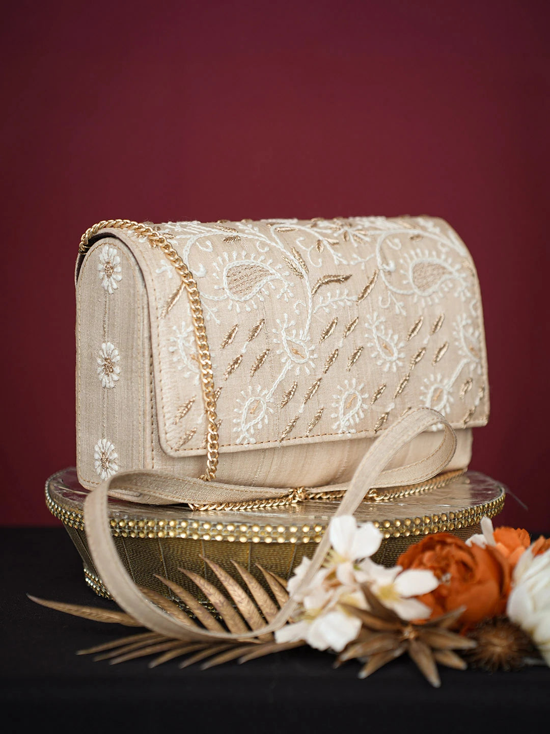 Ada Hand Embroidered Fawn Silk Lucknowi Chikankari Clutch With Zari Work 01A729637