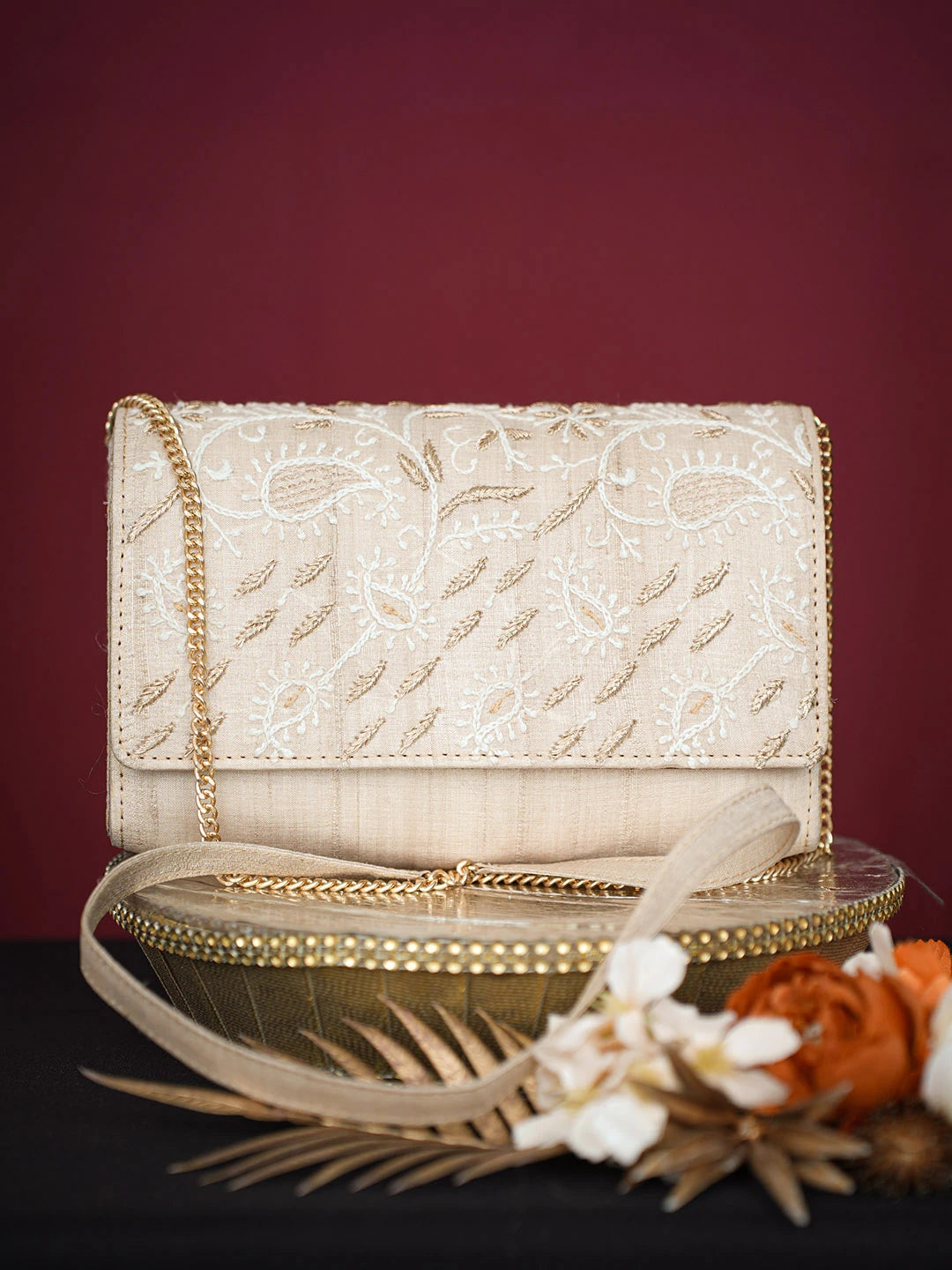 Ada Hand Embroidered Fawn Silk Lucknowi Chikankari Clutch With Zari Work 01A729637