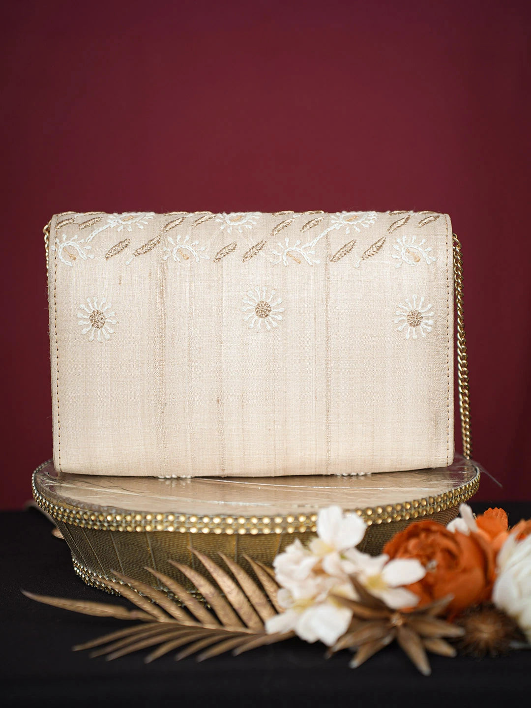 Ada Hand Embroidered Fawn Silk Lucknowi Chikankari Clutch With Zari Work 01A729637
