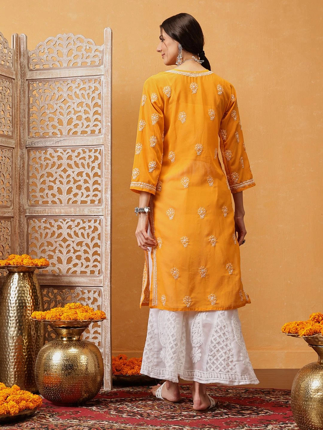 Ada Hand Embroidered Mustard Georgette Lucknowi Chikankari Straight Kurta With Palazzo A811318