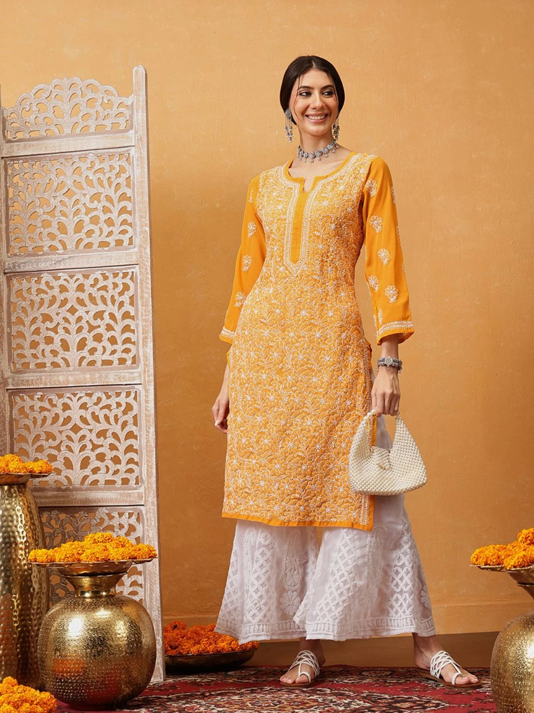 Ada Hand Embroidered Mustard Georgette Lucknowi Chikankari Straight Kurta With Palazzo A811318