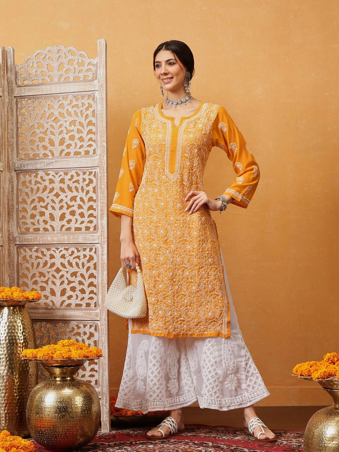 Ada Hand Embroidered Mustard Georgette Lucknowi Chikankari Straight Kurta With Palazzo A811318
