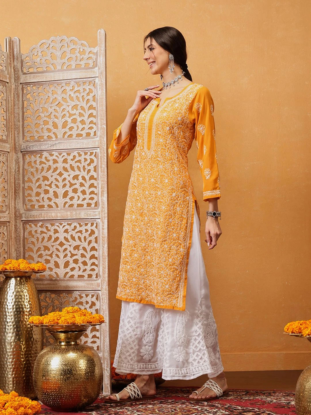 Ada Hand Embroidered Mustard Georgette Lucknowi Chikankari Straight Kurta With Palazzo A811318