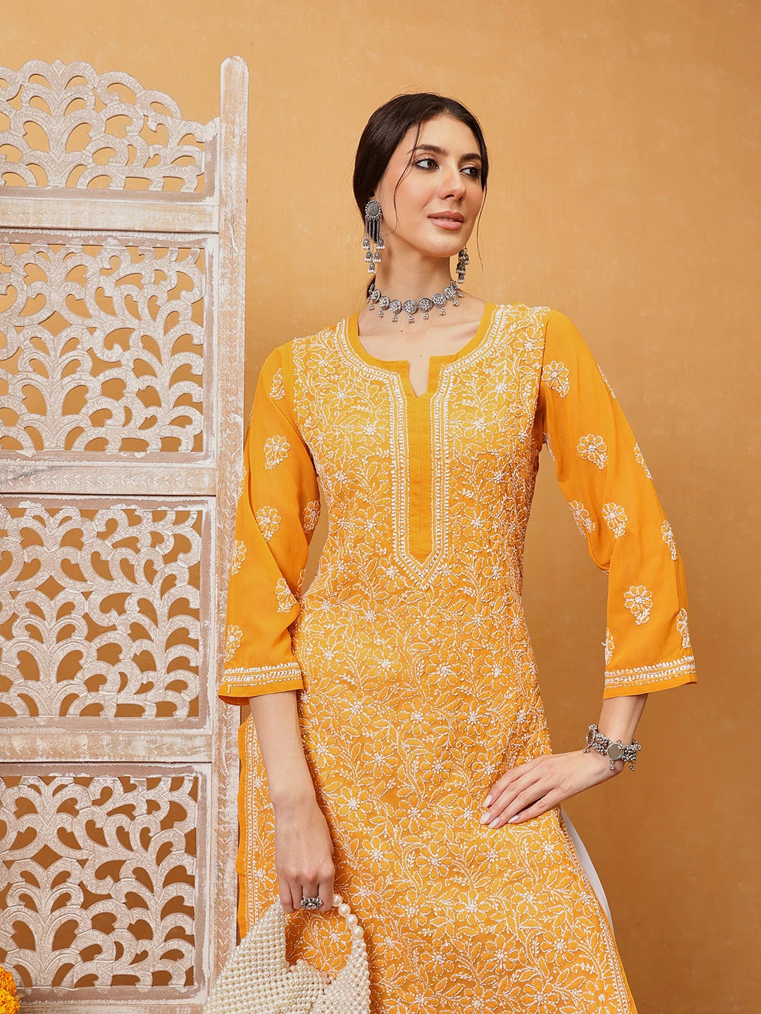 Ada Hand Embroidered Mustard Georgette Lucknowi Chikankari Straight Kurta With Palazzo A811318