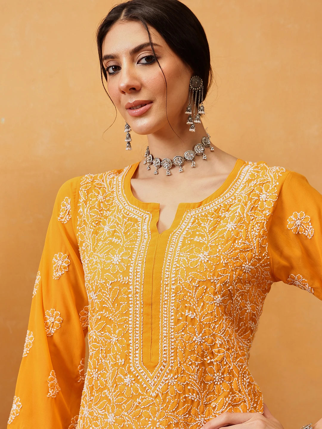Ada Hand Embroidered Mustard Georgette Lucknowi Chikankari Straight Kurta With Palazzo A811318