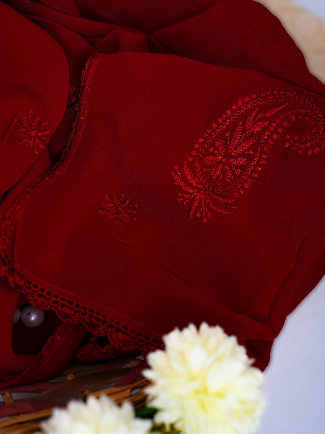 Ada Hand Embroidered Red Georgette Lucknowi Chikankari Stole A511156