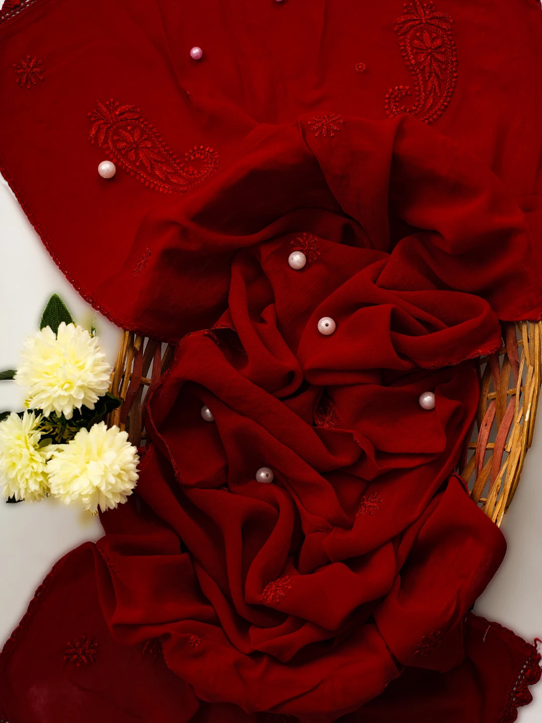 Ada Hand Embroidered Red Georgette Lucknowi Chikankari Stole A511156