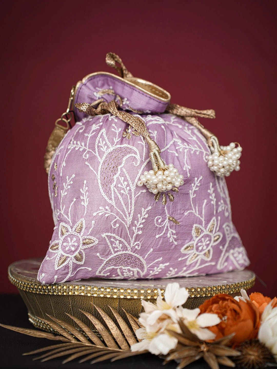 Ada Hand Embroidered Mauve Silk Lucknowi Chikankari Potli Bag With Zari Work 01A696515