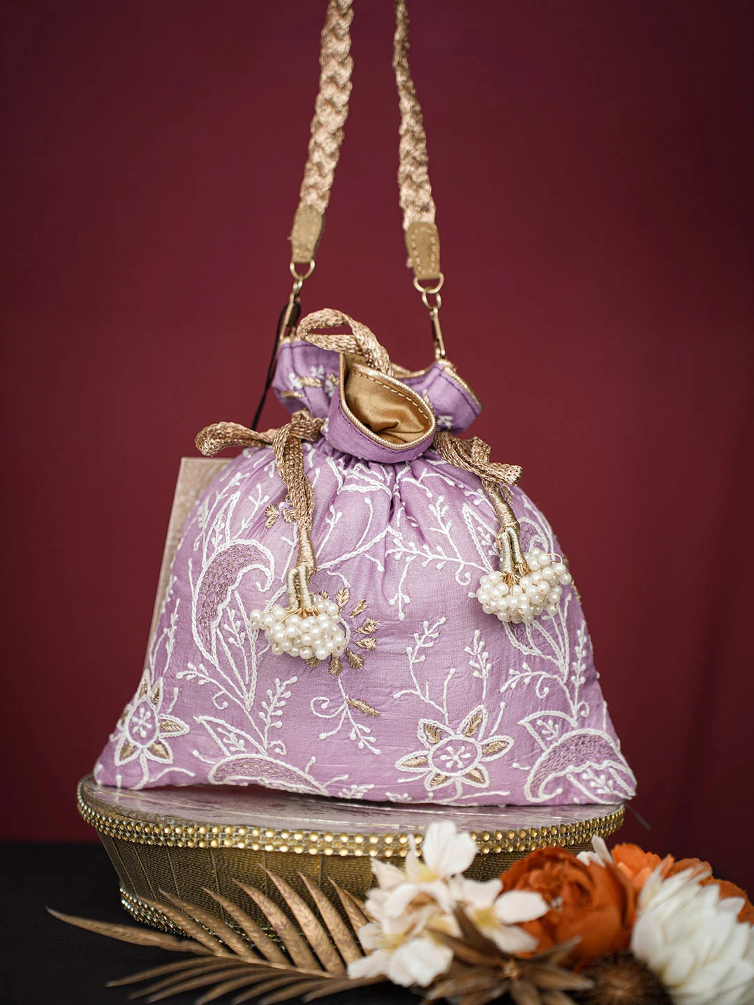 Ada Hand Embroidered Mauve Silk Lucknowi Chikankari Potli Bag With Zari Work 01A696515