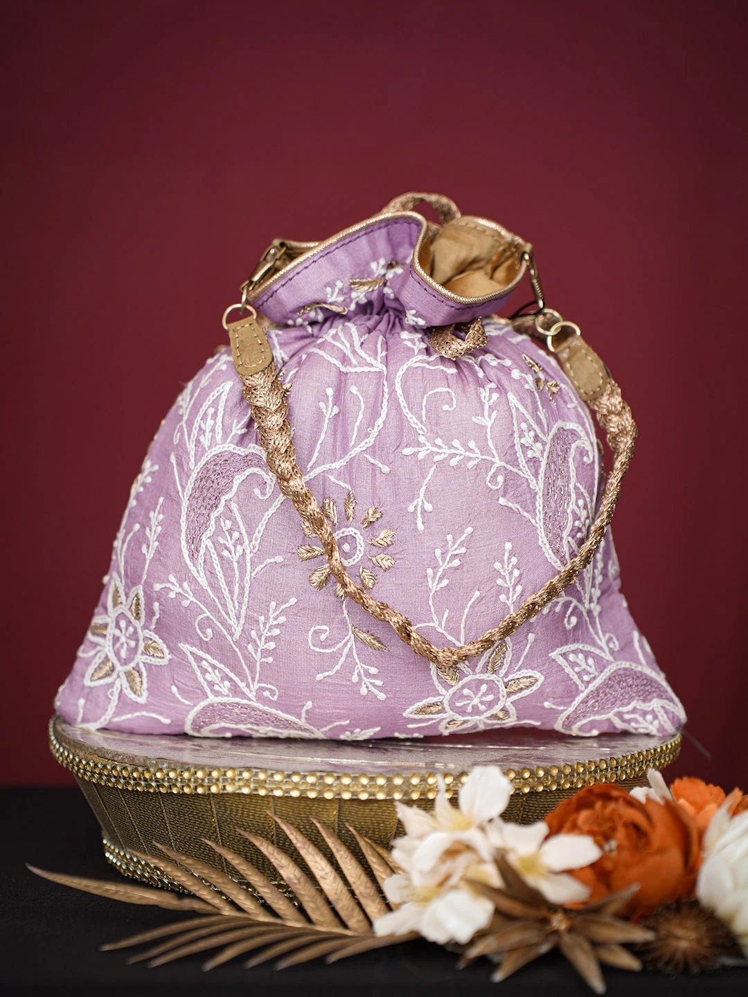 Ada Hand Embroidered Mauve Silk Lucknowi Chikankari Potli Bag With Zari Work 01A696515