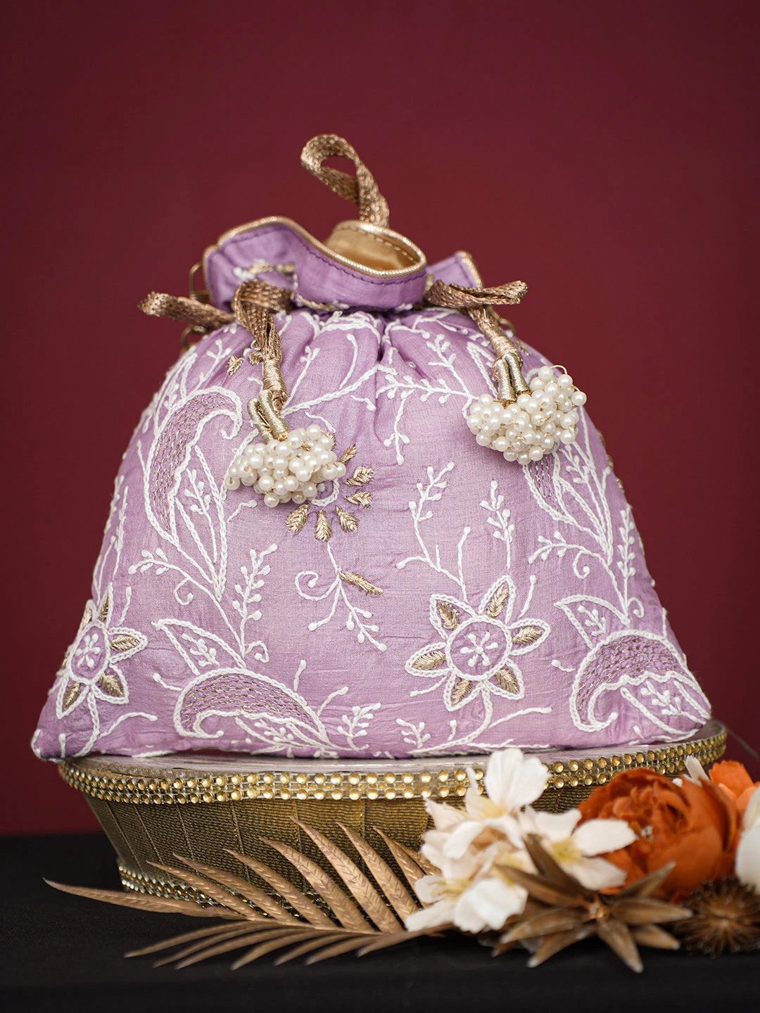 Ada Hand Embroidered Mauve Silk Lucknowi Chikankari Potli Bag With Zari Work 01A696515