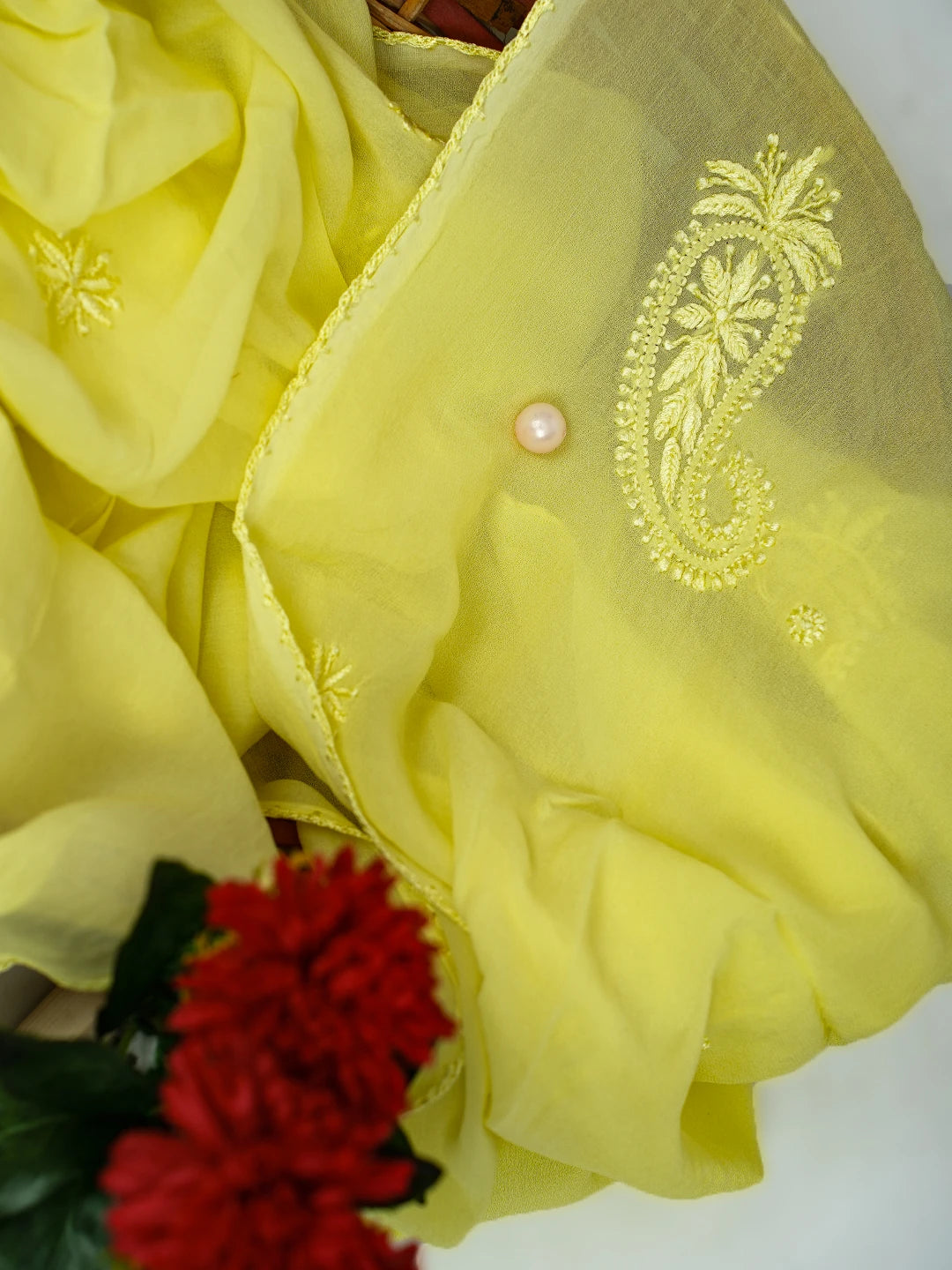 Ada Hand Embroidered Yellow Georgette Lucknowi Chikankari Stole A511195