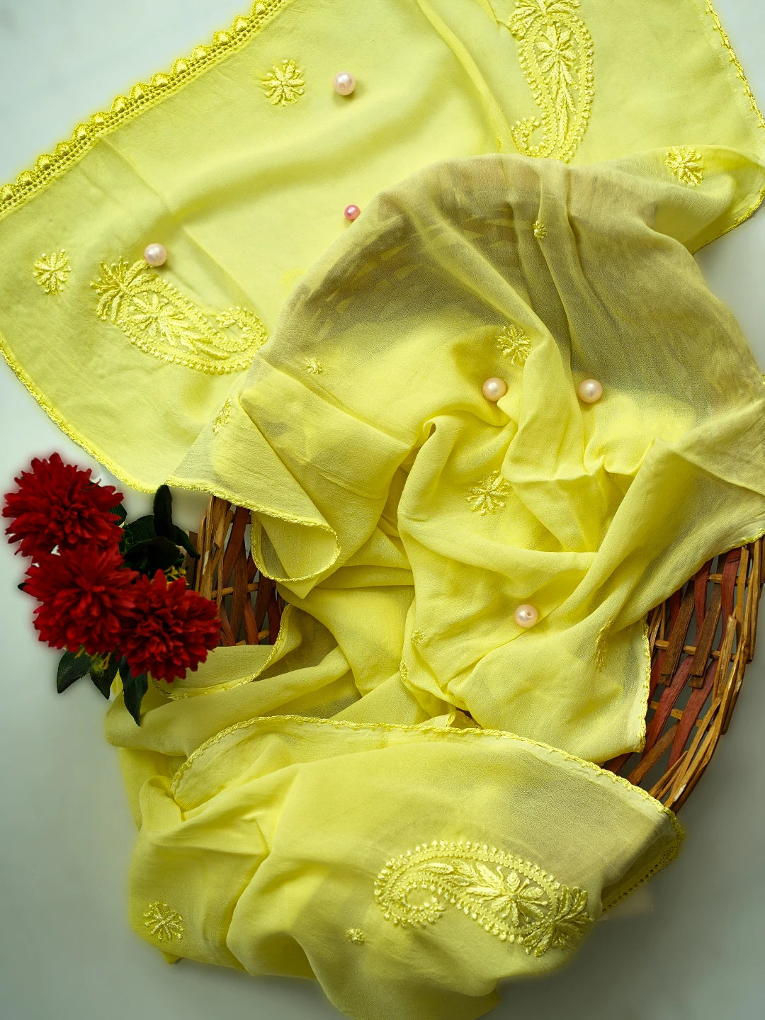 Ada Hand Embroidered Yellow Georgette Lucknowi Chikankari Stole A511195