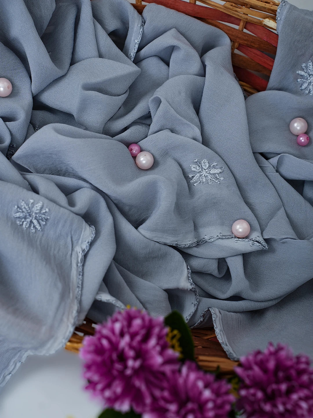 Ada Hand Embroidered Grey Georgette Lucknowi Chikankari Stole A511196