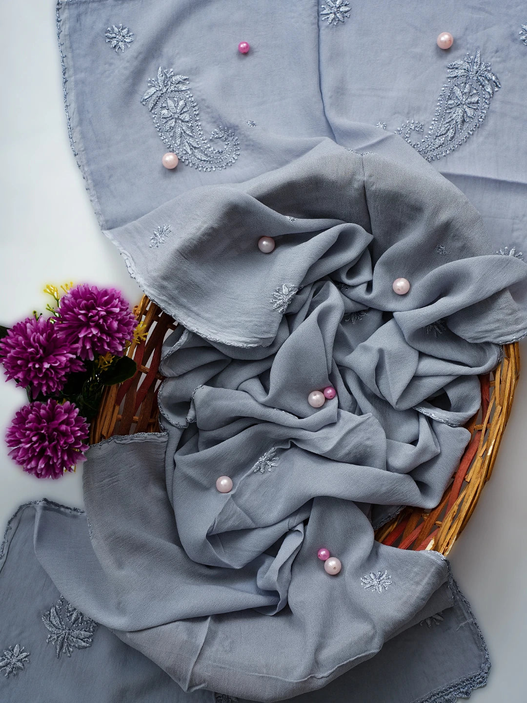 Ada Hand Embroidered Grey Georgette Lucknowi Chikankari Stole A511196