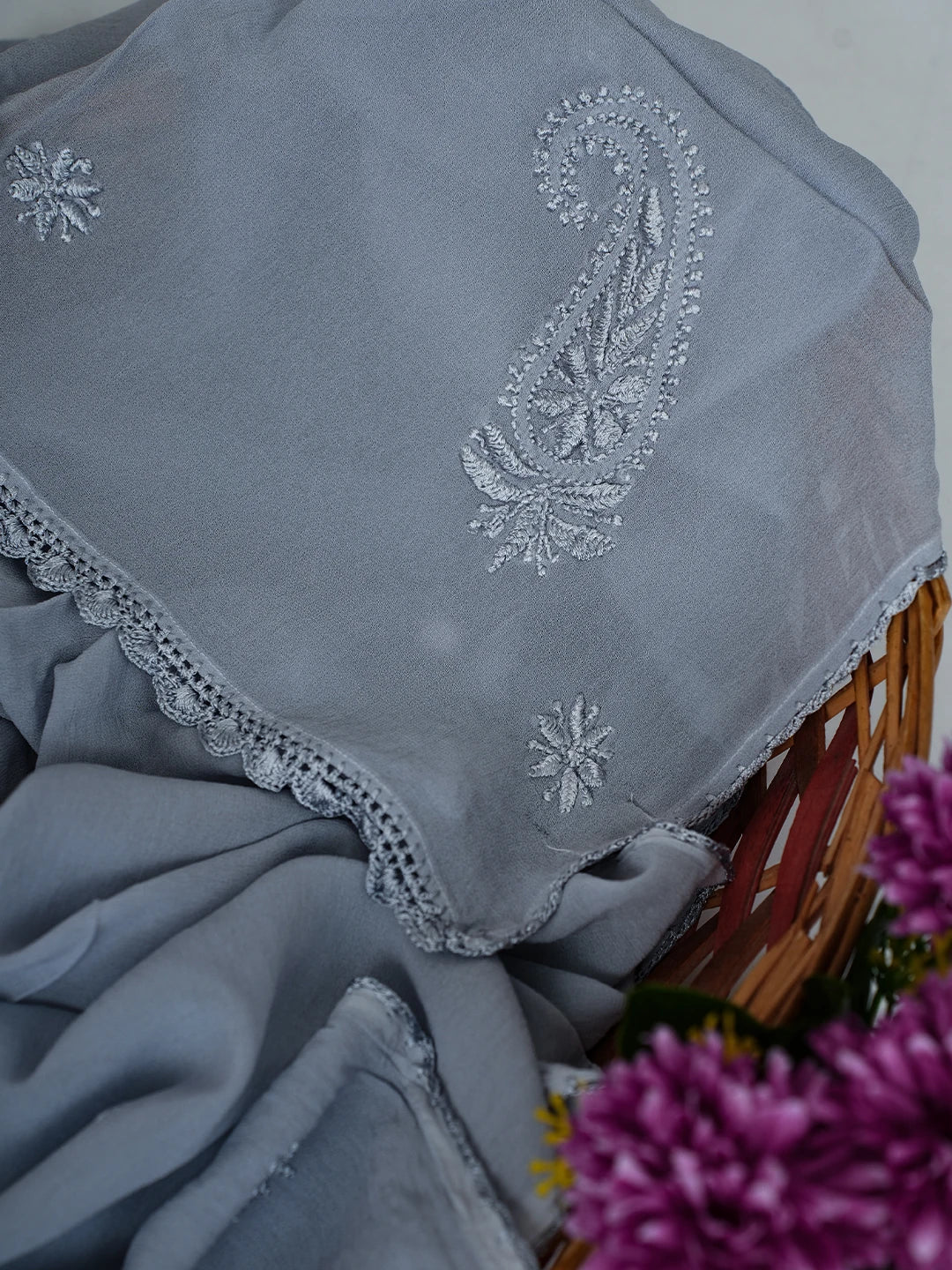 Ada Hand Embroidered Grey Georgette Lucknowi Chikankari Stole A511196